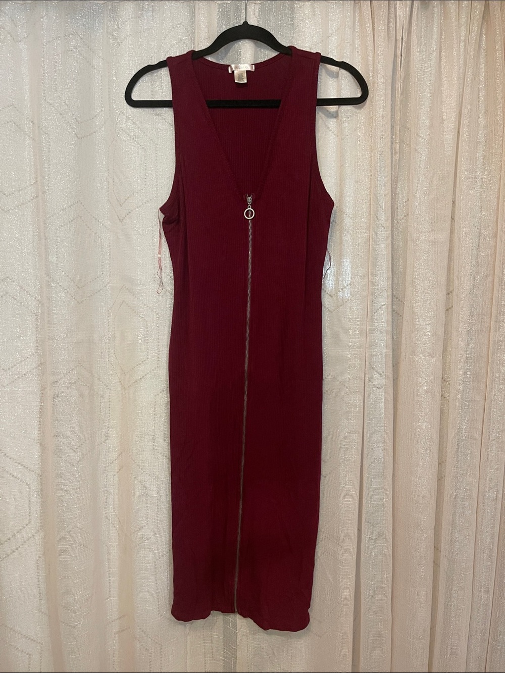 Bozzolo Wine Zip-Front Ribbed Midi Dress
